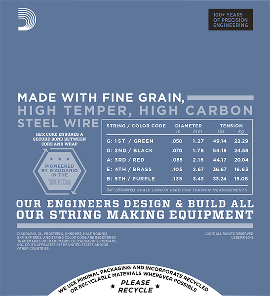 EPS165-5 ProSteels Комплект струн для 5-струнной бас-гитары, Custom Light, 45-135, D'Addario