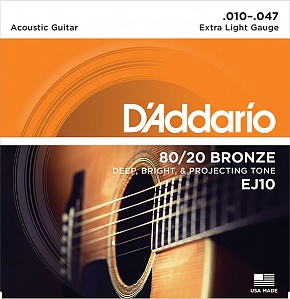EJ10 BRONZE 80/20 Струны для акустической гитары бронза Extra Light 10-47 D`Addario