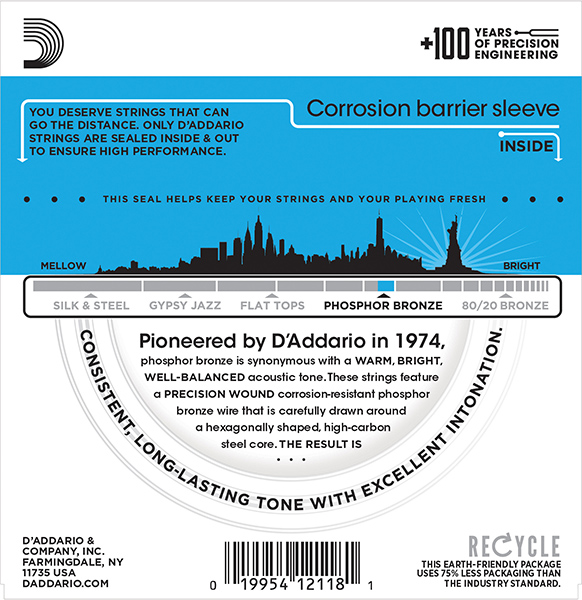 EJ38 Phosphor Bronze Комплект струн для акустической 12-струнной гитары, Light, 10-47, D'Addario