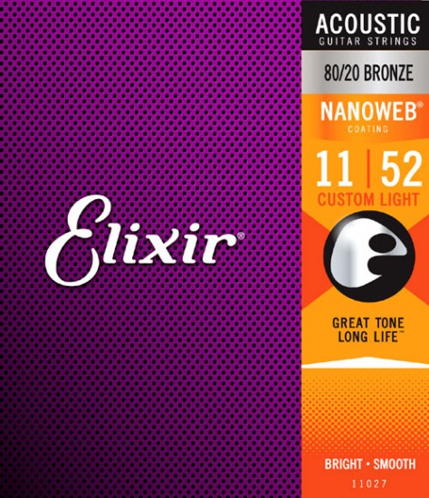 11027  NANOWEB Комплект струн для акустической гитары, Custom Light, бронза 80/20, 11-52, Elixir