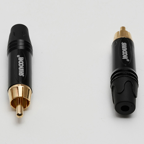 SRCM-G-B  Разъем RCA тюльпан кабельный папа черный хвостовик. SHNOOR 