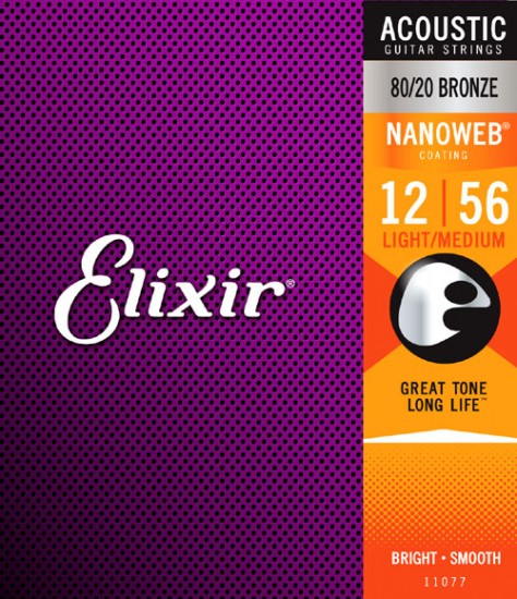 11077 NANOWEB Струны для акустической гитары, Light-Medium, бронза 80/20, 12-56, Elixir