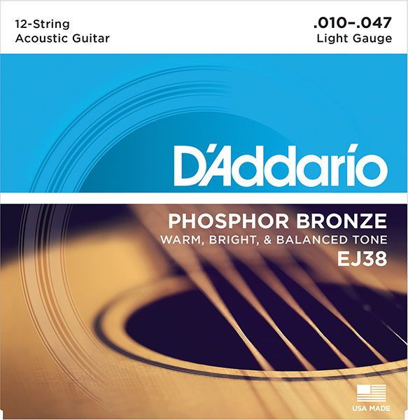 EJ38 Phosphor Bronze Комплект струн для акустической 12-струнной гитары, Light, 10-47, D'Addario