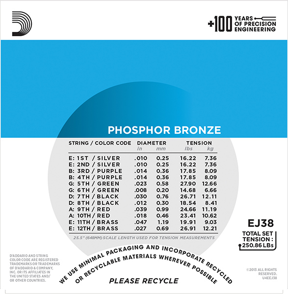 EJ38 Phosphor Bronze Комплект струн для акустической 12-струнной гитары, Light, 10-47, D'Addario