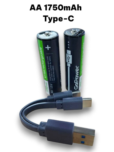 00-00031404 Аккумулятор бытовой AA Li-ion 1.5V 2650mWh Type-C, 2шт, GoPower