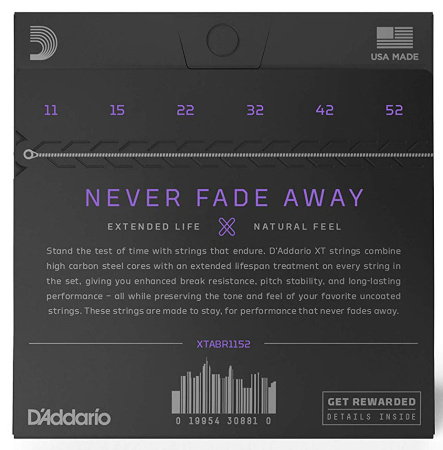 XTABR1152 XT Комплект струн для акустической гитары, бронза 80/20, 11-52, с покрытием, D'Addario