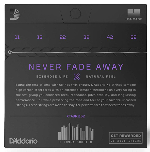 XTABR1152 XT Комплект струн для акустической гитары, бронза 80/20, 11-52, с покрытием, D'Addario