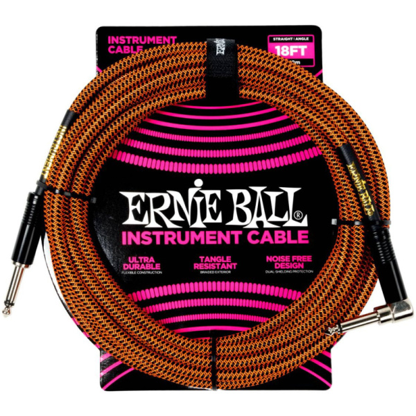 P06471 кабель инструментальный, оплетёный, 5,49м, прямой-угловой джеки, оранжевый. Ernie Ball