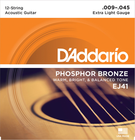 EJ41 Phosphor Bronze Комплект струн для акустической 12-струнной гитары, Extra Light 9-45, D'Addari
