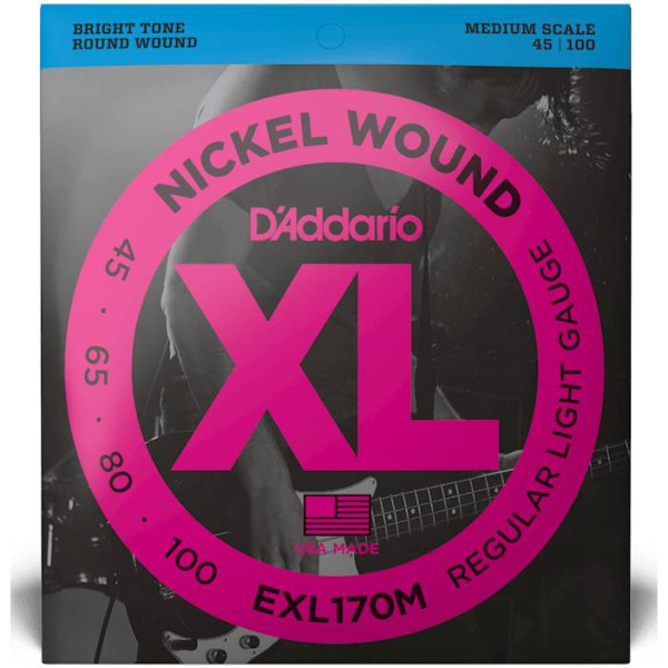 EXL170M Regular Light NICKEL WOUND Струны для четырехструнной бас-гитары 45-100, Medium Scale, D`A