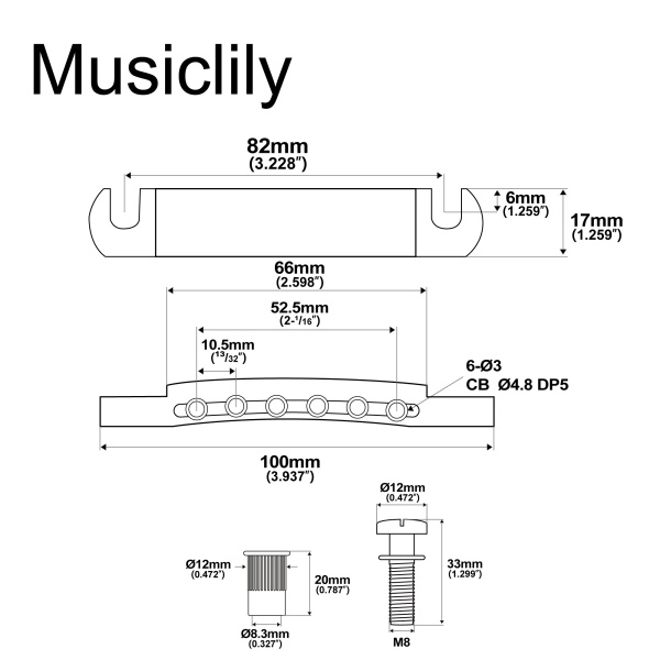 MX2621NK Стоп-бар для электрогитары LP Style, никель, Musiclily